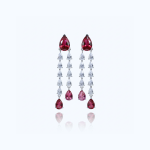 Silver Pear Shape Red & White Chandelier Earrings